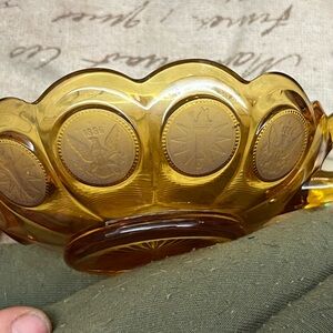 FOSTORIA Amber Coin Glass Candy Dish 1887 Liberty Eagle & Torch Finger Handle
